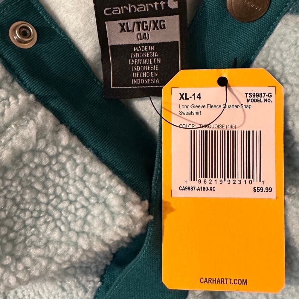 Carhartt Sherpa Fleece Quarter Snap Hoodie‎ Turquoise Youth XL 14 NWT - Picture 5 of 5